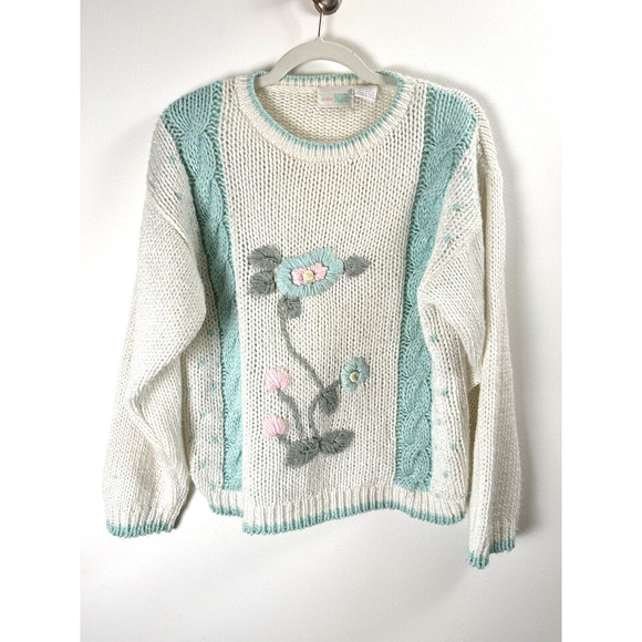 NOAH Sweaters - Mister Noah Chunky Knit Flower Cottagecore Grannycore Preppy Twee Sweater M